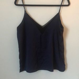 F21 navy silk tank with black mesh v neck detail